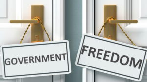 Government or freedom as a choice in life - pictured as words Government, freedom on doors to show that Government and freedom are different options to choose from